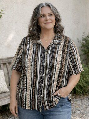 Catherines Womens Southwestern Geometric Stripe Blouse 1X Petite Button Front